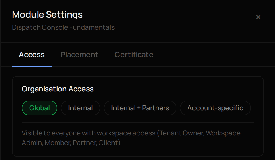 Module Settings on the Access tab, with the four Organisation Access options.