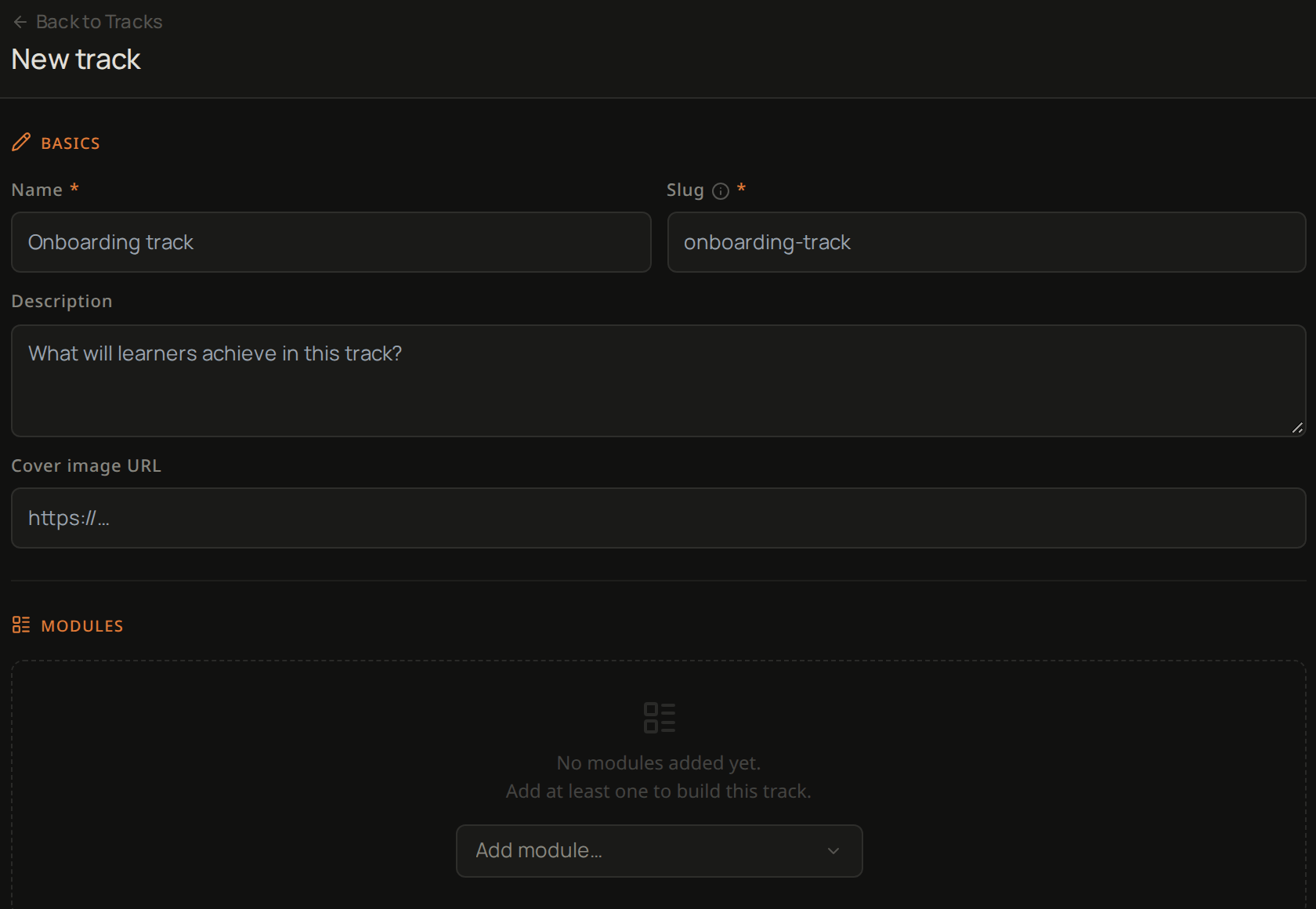 The New track form, with Basics and Modules.
