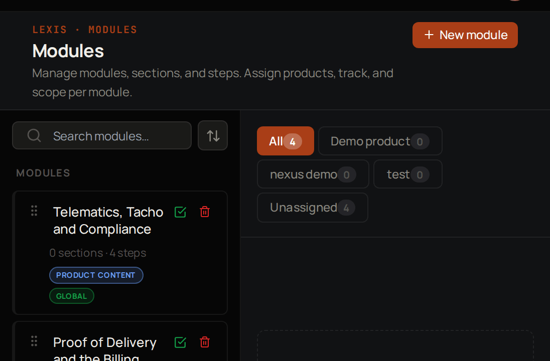 The top of the Lexis Modules screen, with search, the product filters and the first modules in the list.