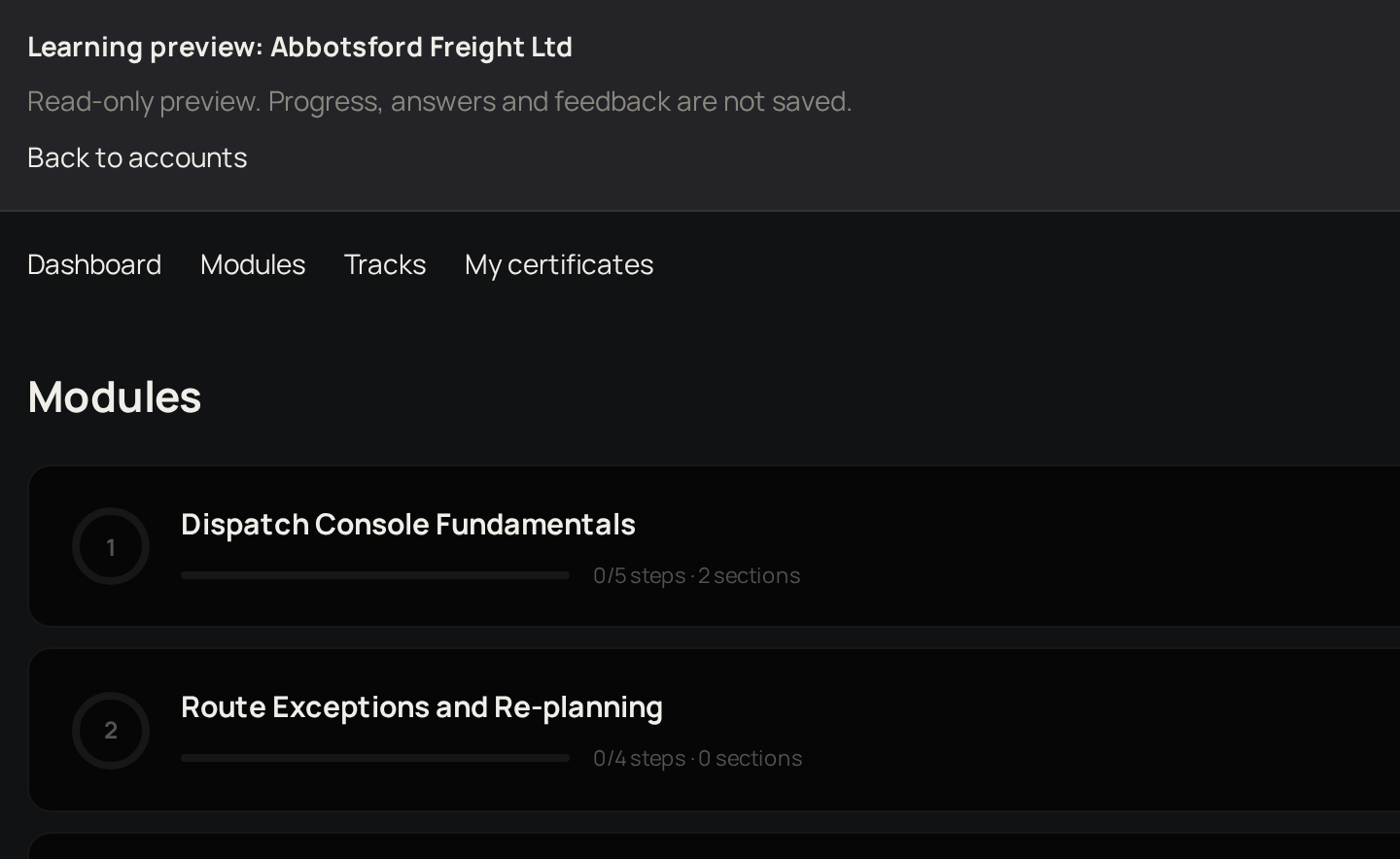 The learning preview for one account, with the read-only banner, Back to accounts, the Dashboard, Modules, Tracks and My certificates links, and the account's modules.