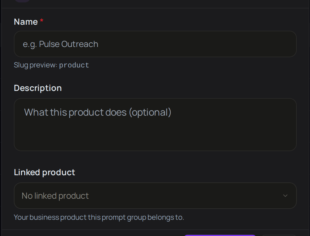 The New Product window, with Name and its slug preview, Description and Linked product.