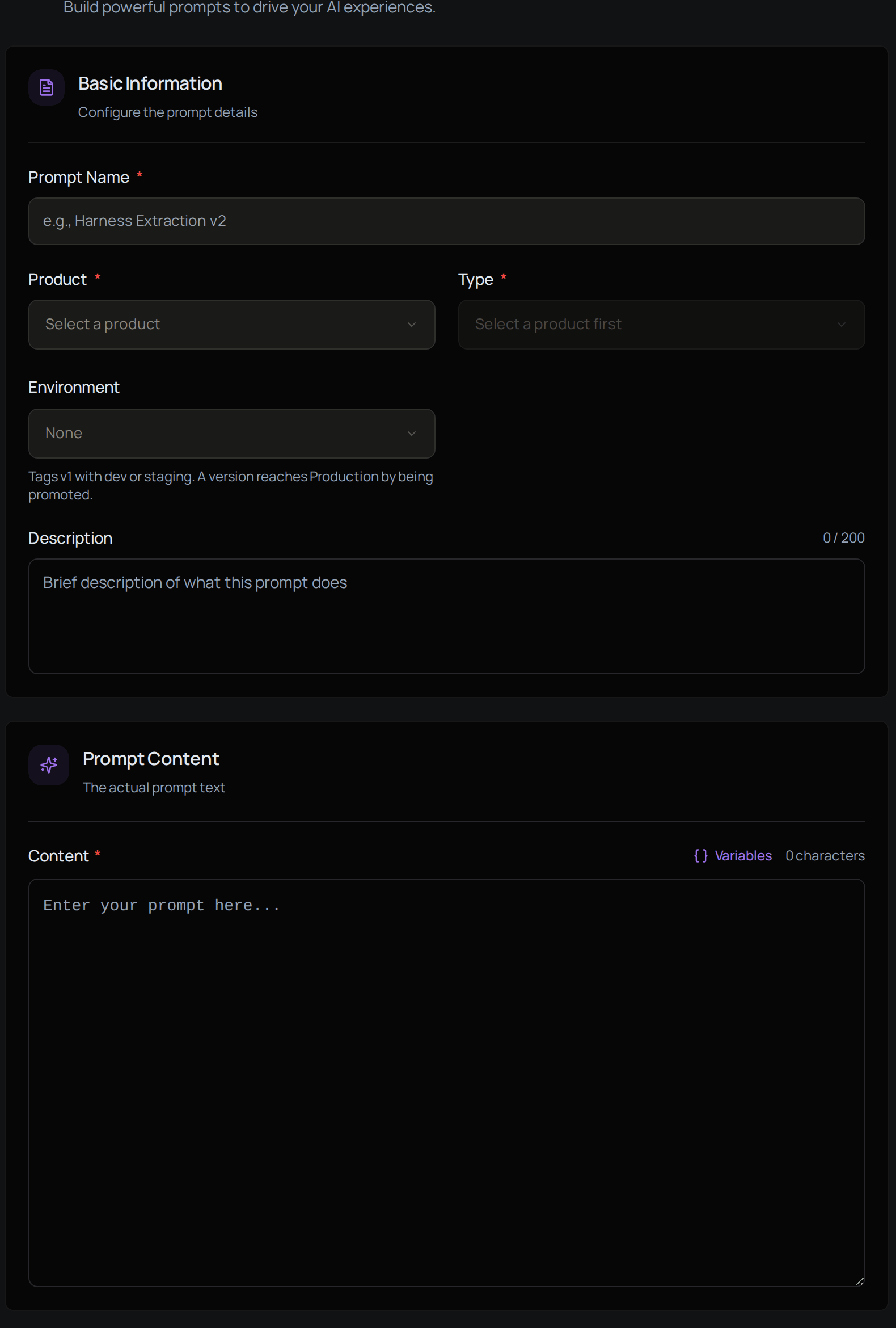 The Create New Prompt form, with Prompt Name, Product, Type, Environment, Description and Content.