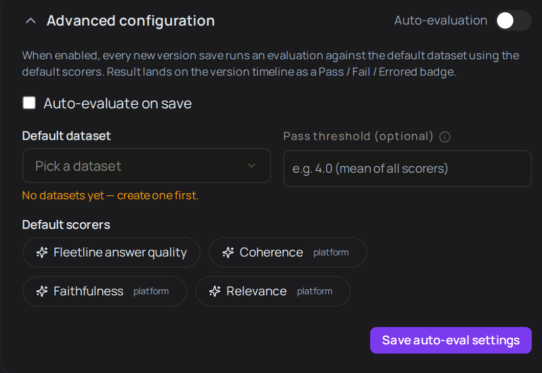 Advanced configuration open on a prompt, with the Auto-evaluation switch, the Auto-evaluate on save box, the Default dataset menu, the Pass threshold field, the Default scorers and Save auto-eval settings.