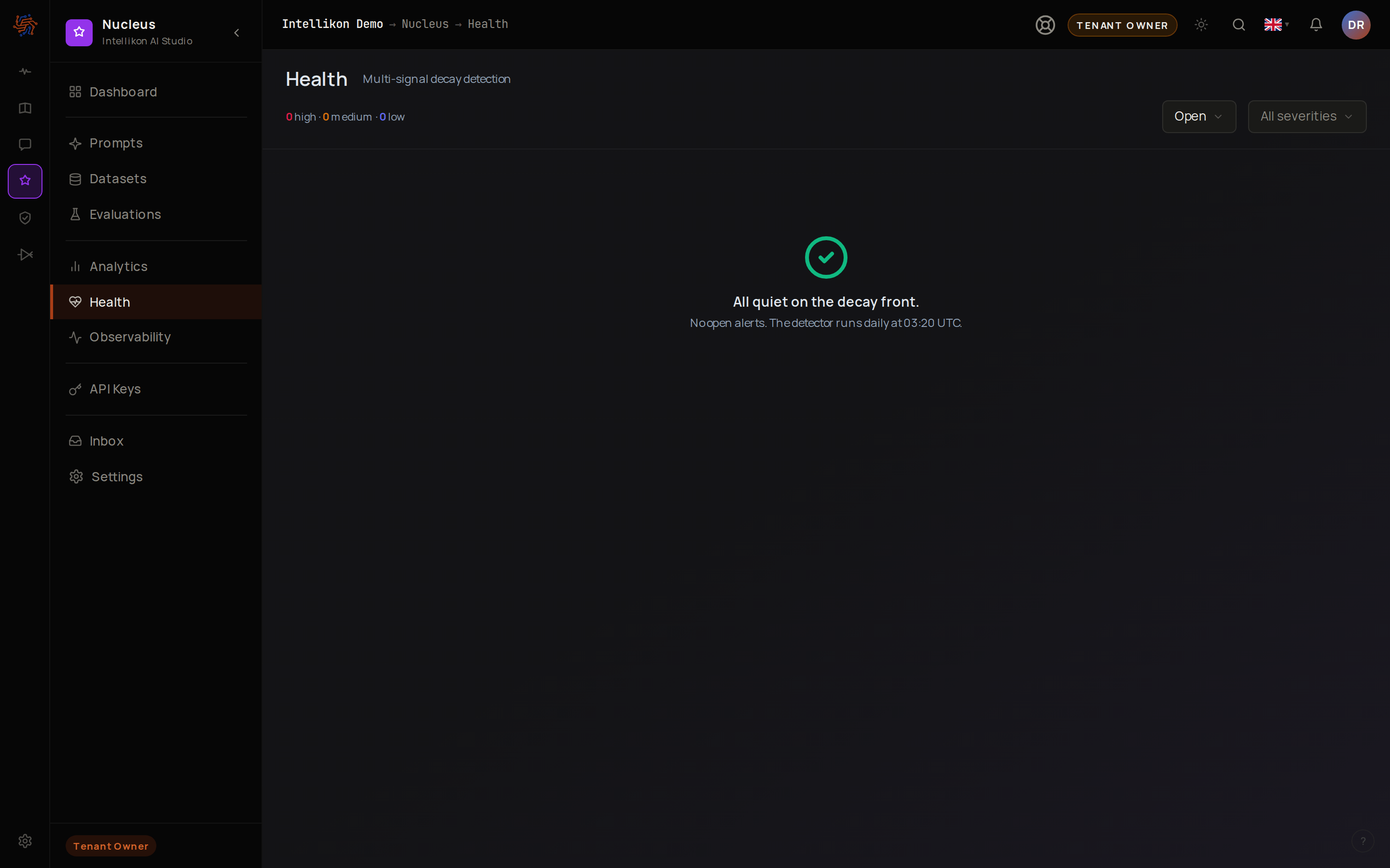 The Health page with no open alerts, and the status and severity lists at the top.