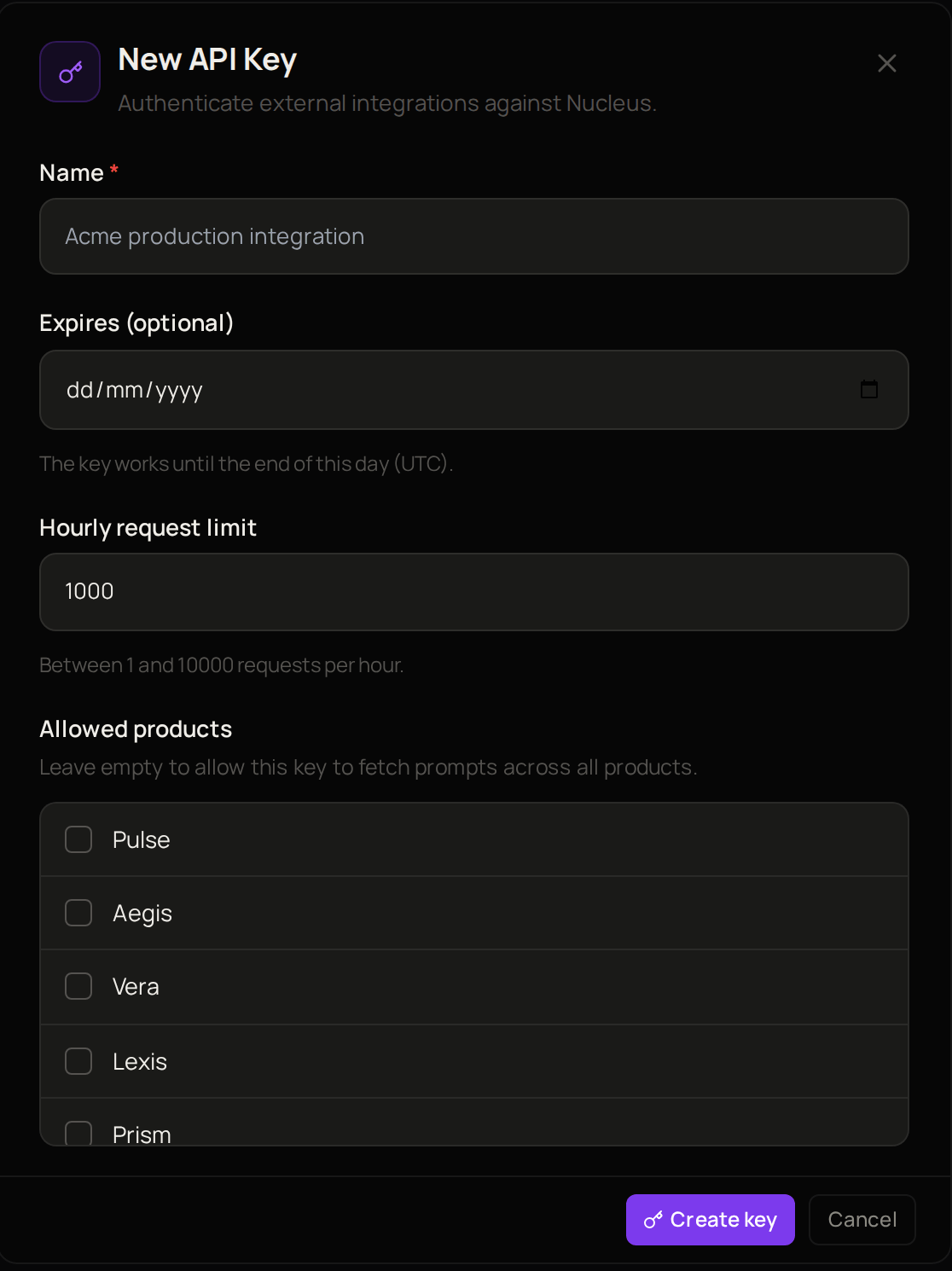 The New API Key window, with Name, Expires (optional), Hourly request limit, Allowed products, Create key and Cancel.