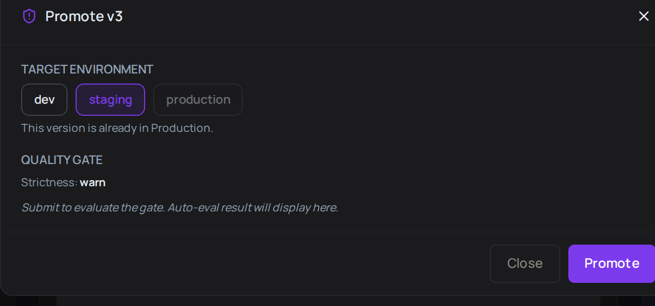 The Promote window, with the dev, staging and production environments, the Quality gate section, and the Close and Promote buttons.