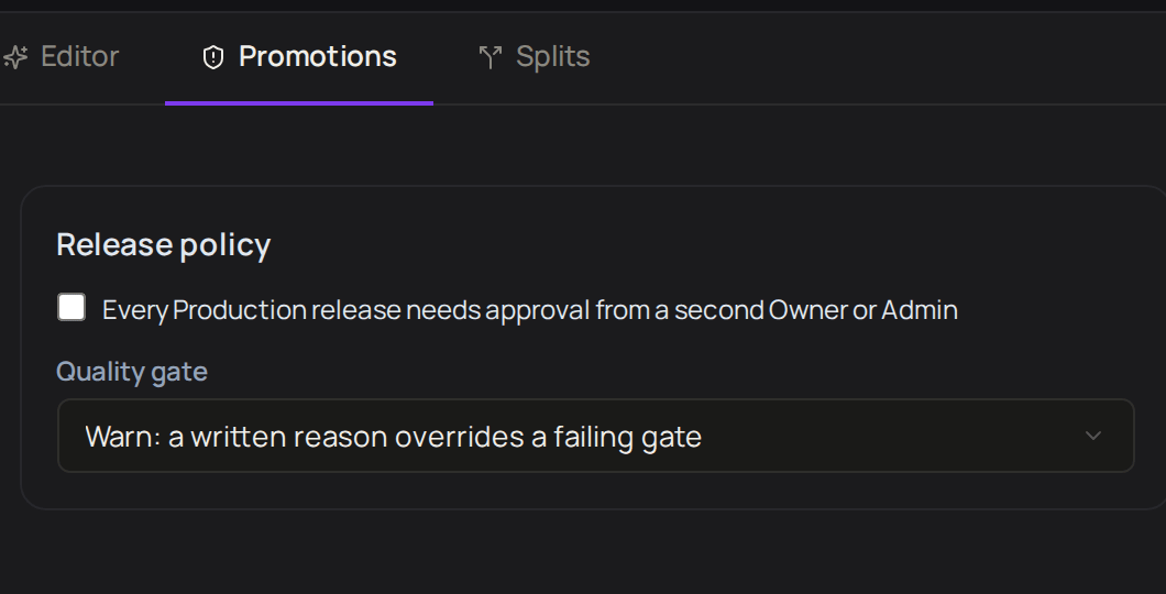 The Promotions tab of a prompt, with Release policy, the second-approval tick box and Quality gate set to Warn.