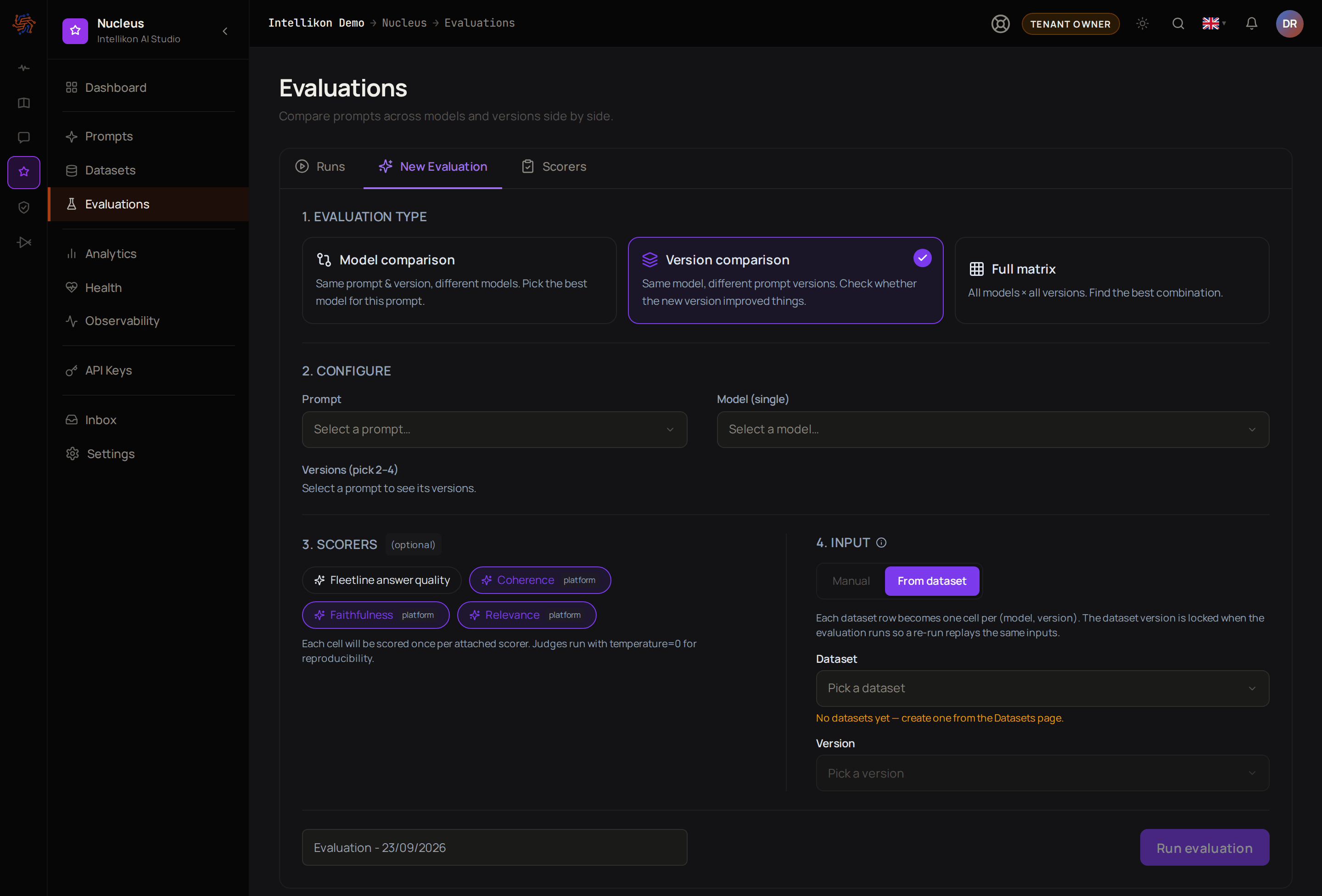 The New Evaluation tab, with the three evaluation types to choose from, then Configure, Scorers and Input, and the name box and Run evaluation button at the bottom.