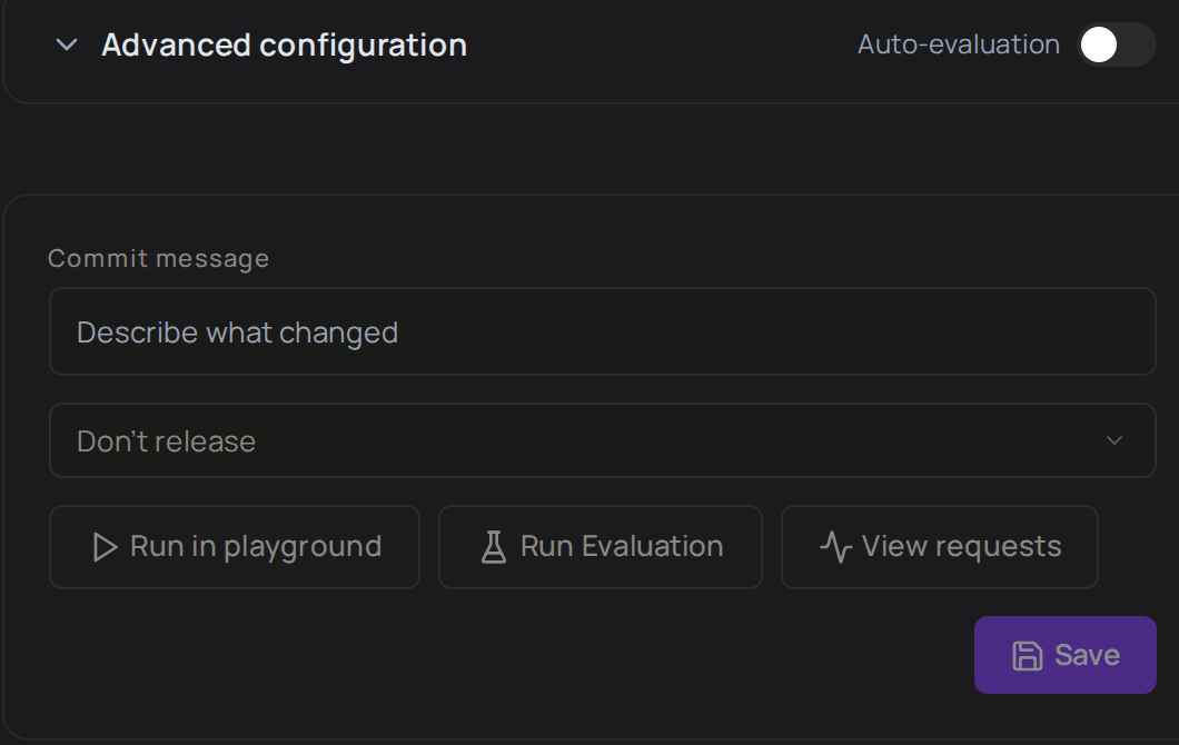 The lower part of a prompt's editor, with Advanced configuration, the Commit message box, the release list and Save.