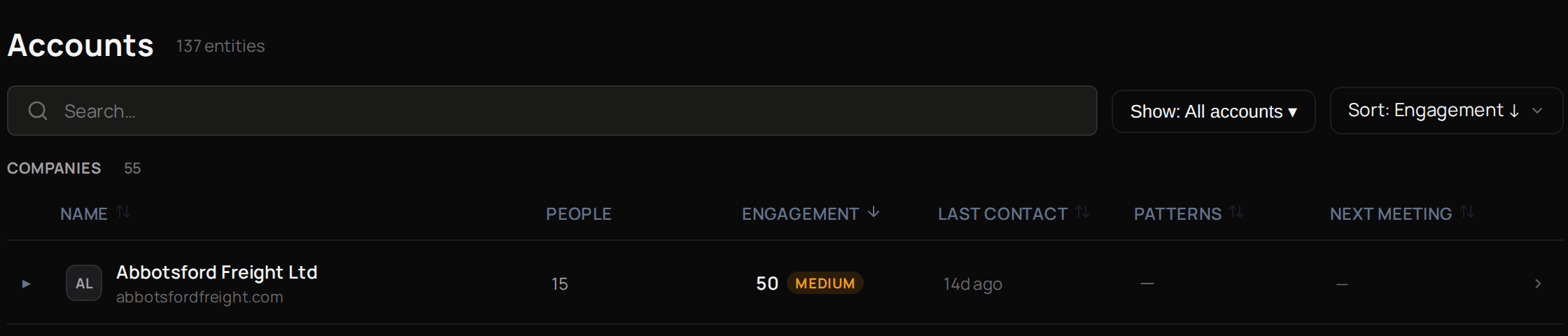 The top of the Accounts list, with Search, Show and Sort.
