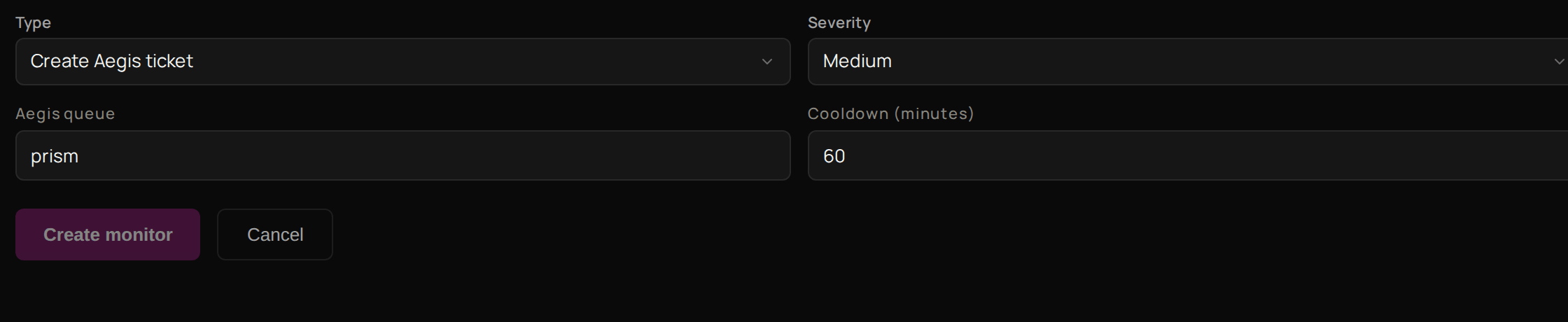 3. Action on the New Monitor form, with Type, Severity, Aegis queue, Cooldown (minutes), Create monitor and Cancel.