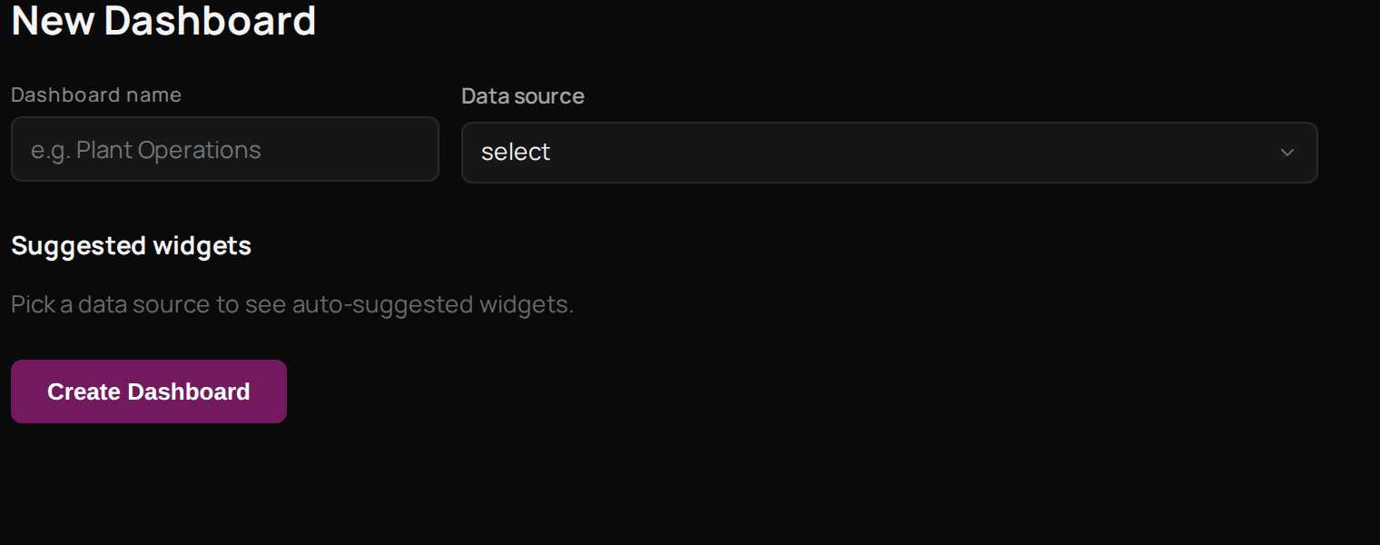 The new report form, with the Dashboard name box and the Data source menu, and Suggested widgets below them, which appear once a data source is chosen.