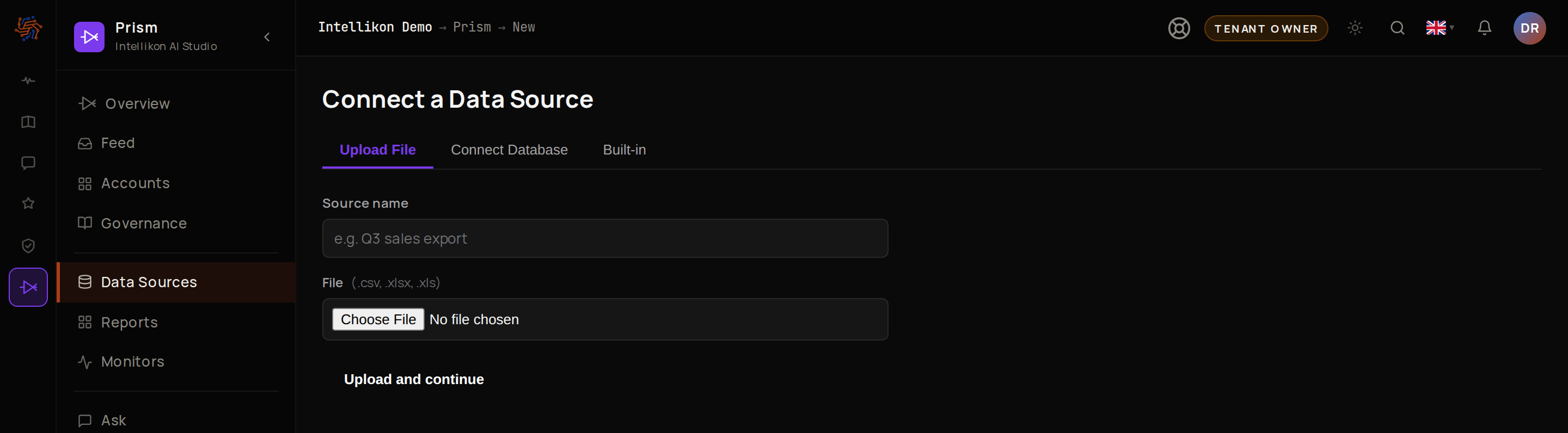 The Upload File tab, with Source name, File and Upload and continue.