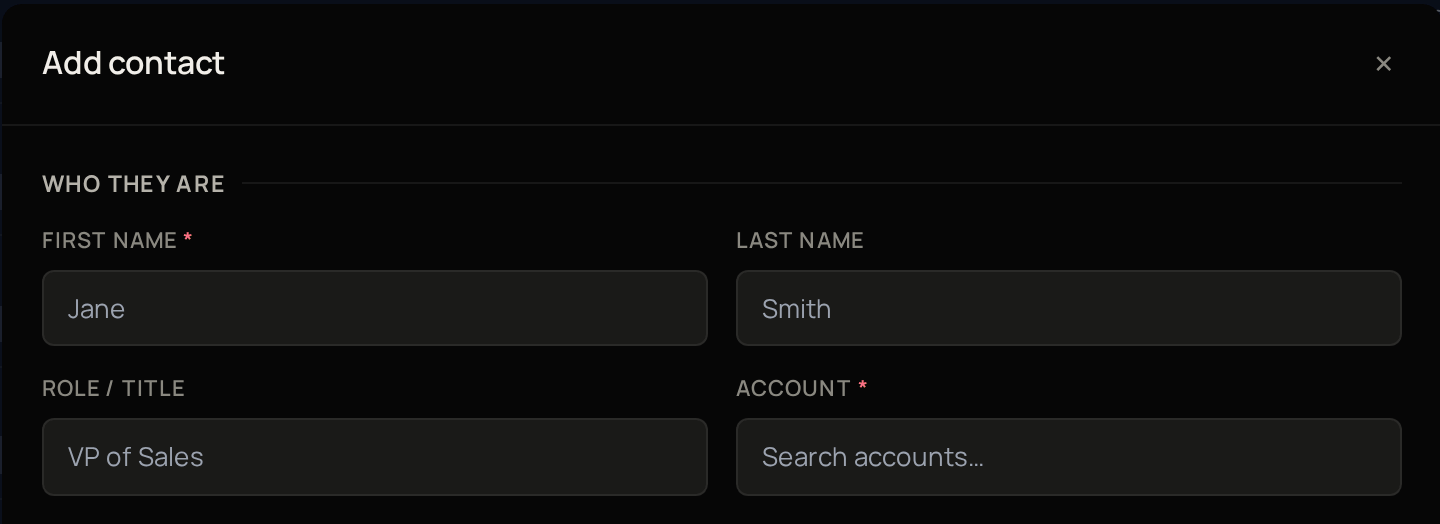 The top of the Add contact window, with First name, Last name, Role / Title and Account.