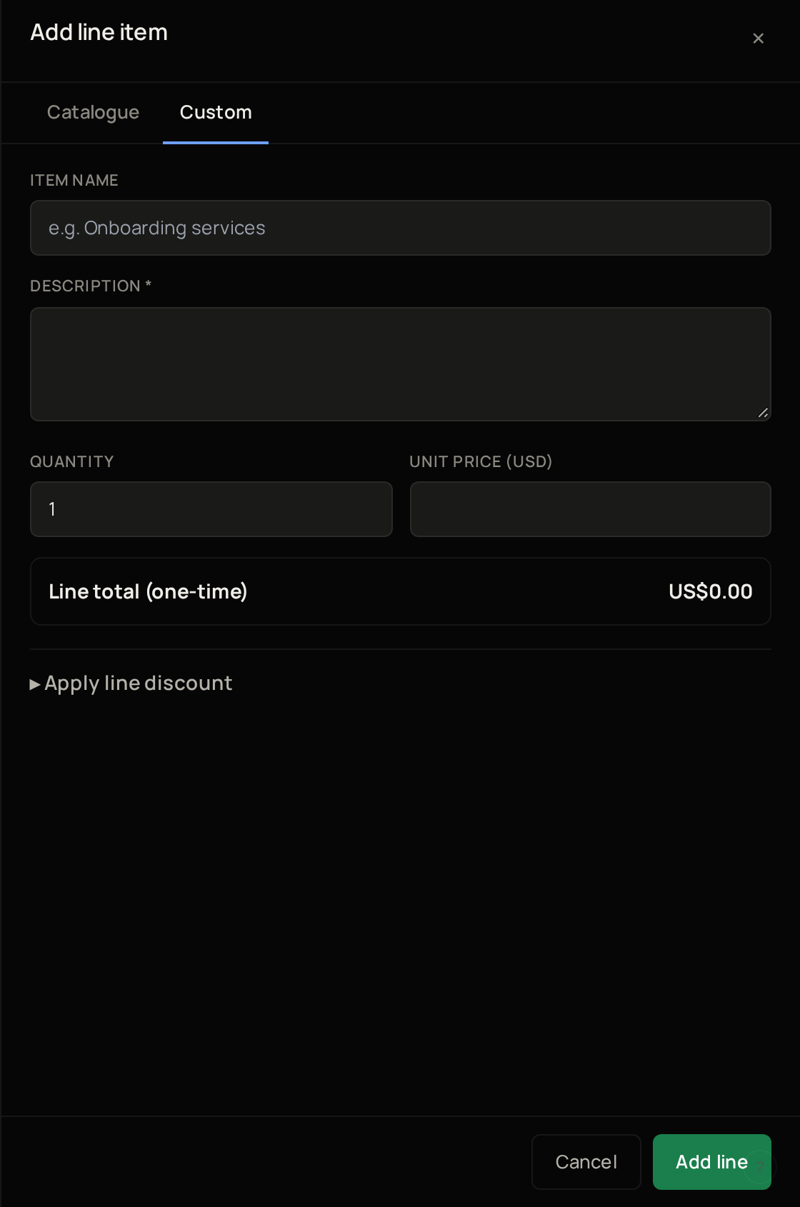 The Add line item panel on the Custom tab, with Item name, Description, Quantity and Unit price, the line total, Apply line discount, and the Cancel and Add line buttons.