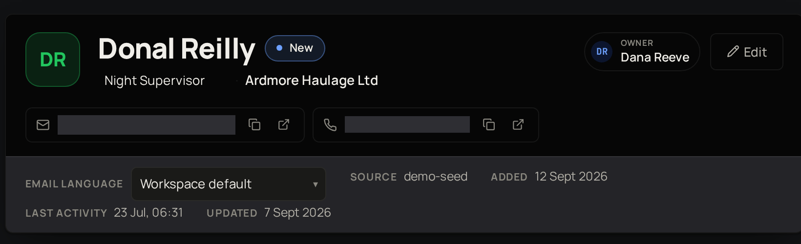 The top of a contact's page, with Email language set to Workspace default below their email and phone.