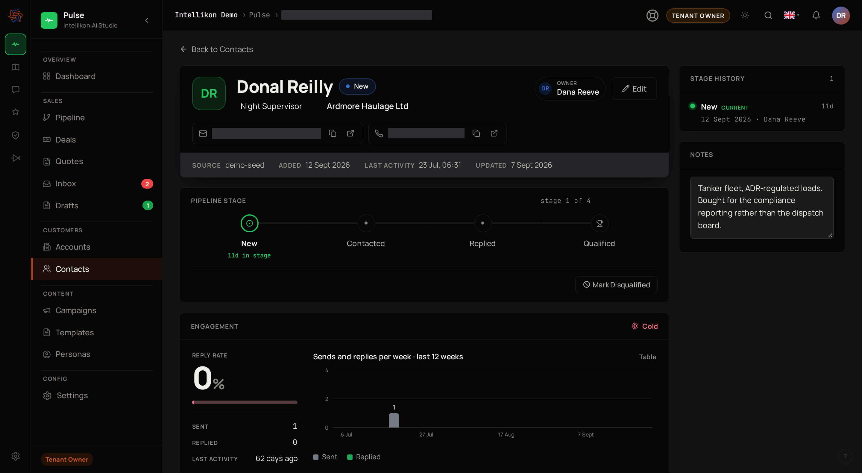 A contact's page, with their name, stage and owner at the top, their email and phone, the pipeline stage, an Engagement panel with the reply rate and a weekly chart, and Stage history and Notes on the right.