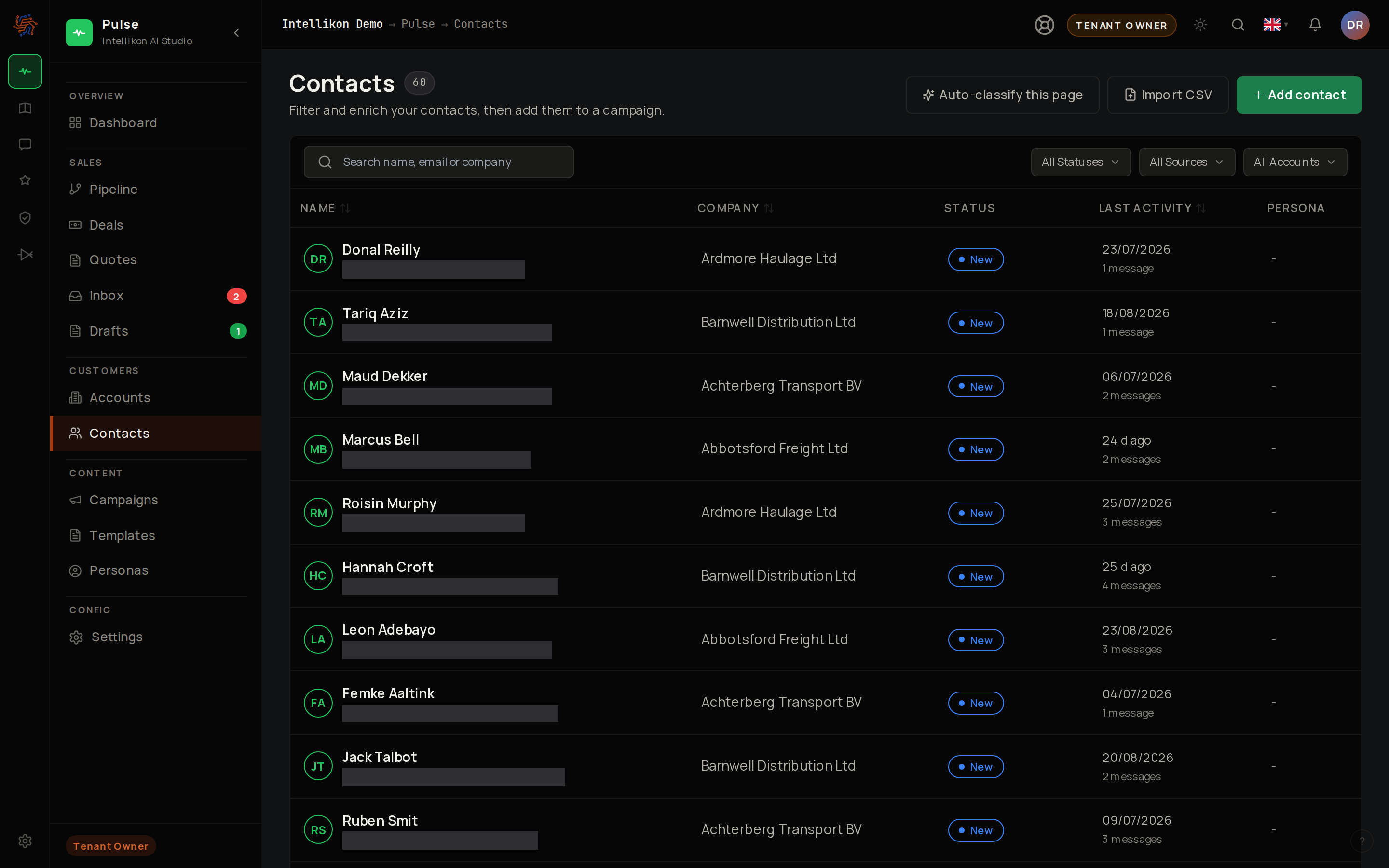 The Contacts list in Pulse, with search, filters and the Add contact button.
