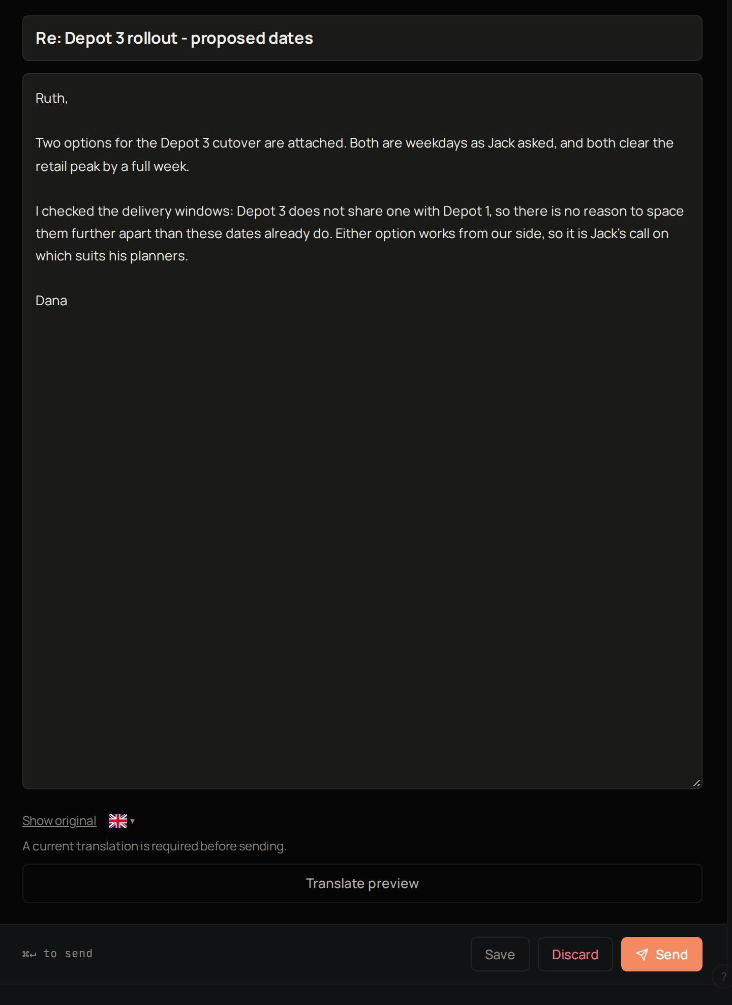 A draft open for editing, with its subject, message, translation controls and the Save, Discard and Send buttons.