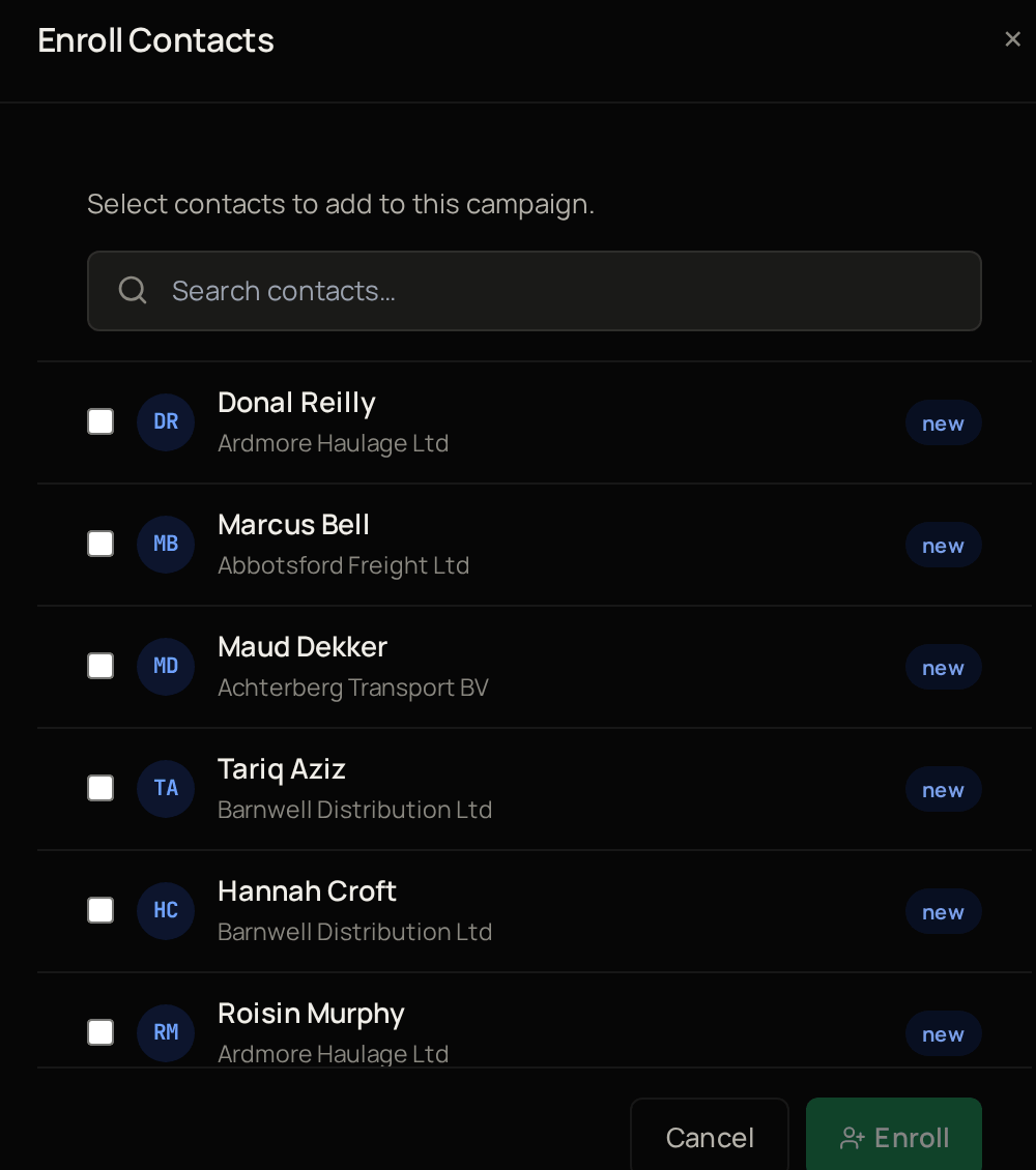 The Enroll Contacts window, with a search box, a list of contacts to tick, and the Cancel and Enroll buttons.