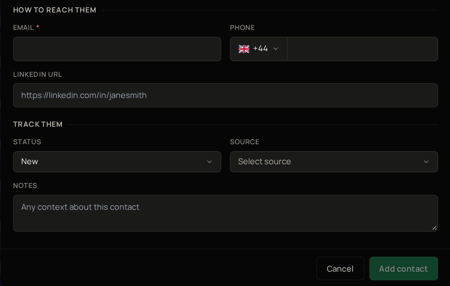 The lower half of the Add contact window, with Email, Phone, LinkedIn URL, Status, Source, Notes, and the Cancel and Add contact buttons.