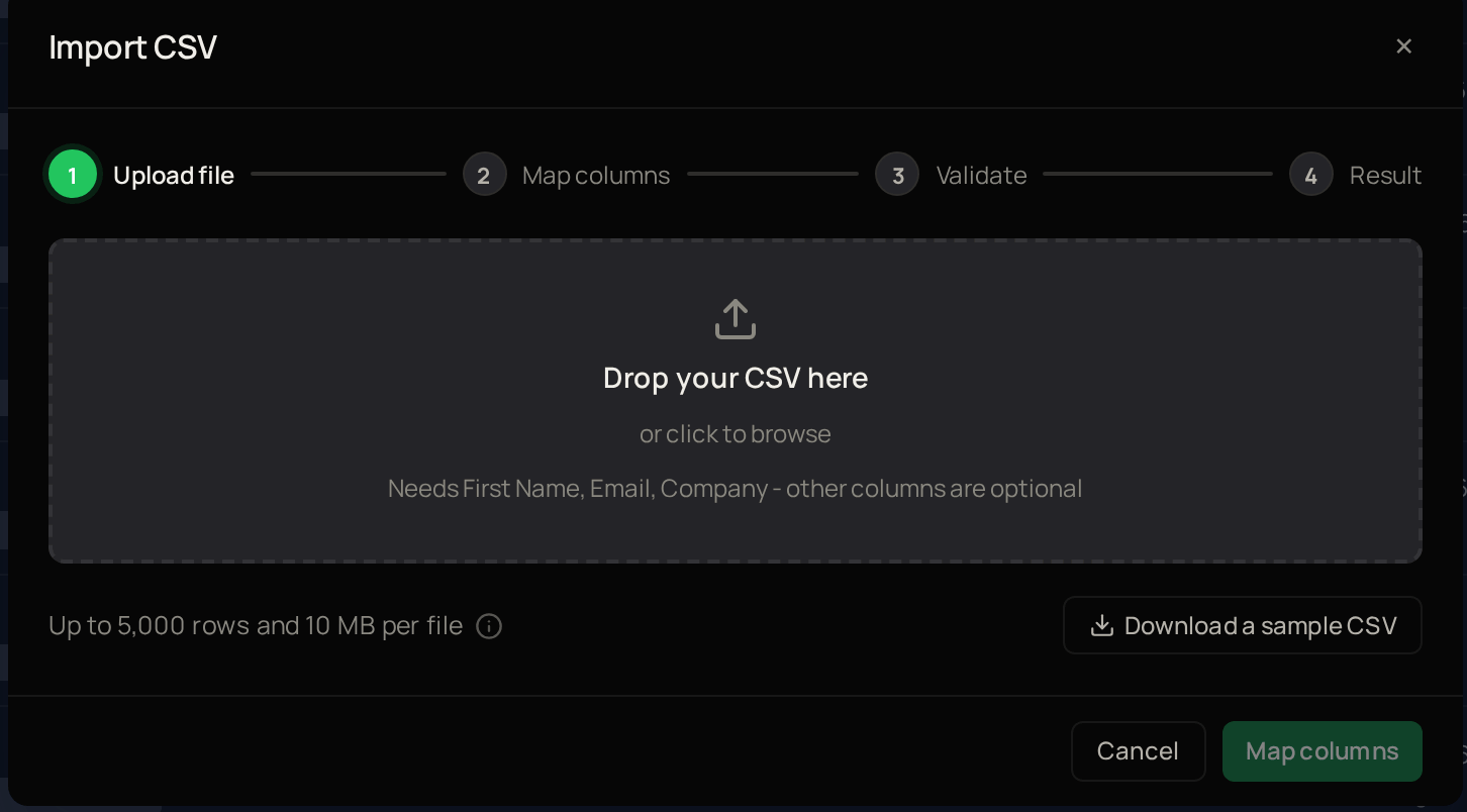 The Import CSV window at the Upload file step.
