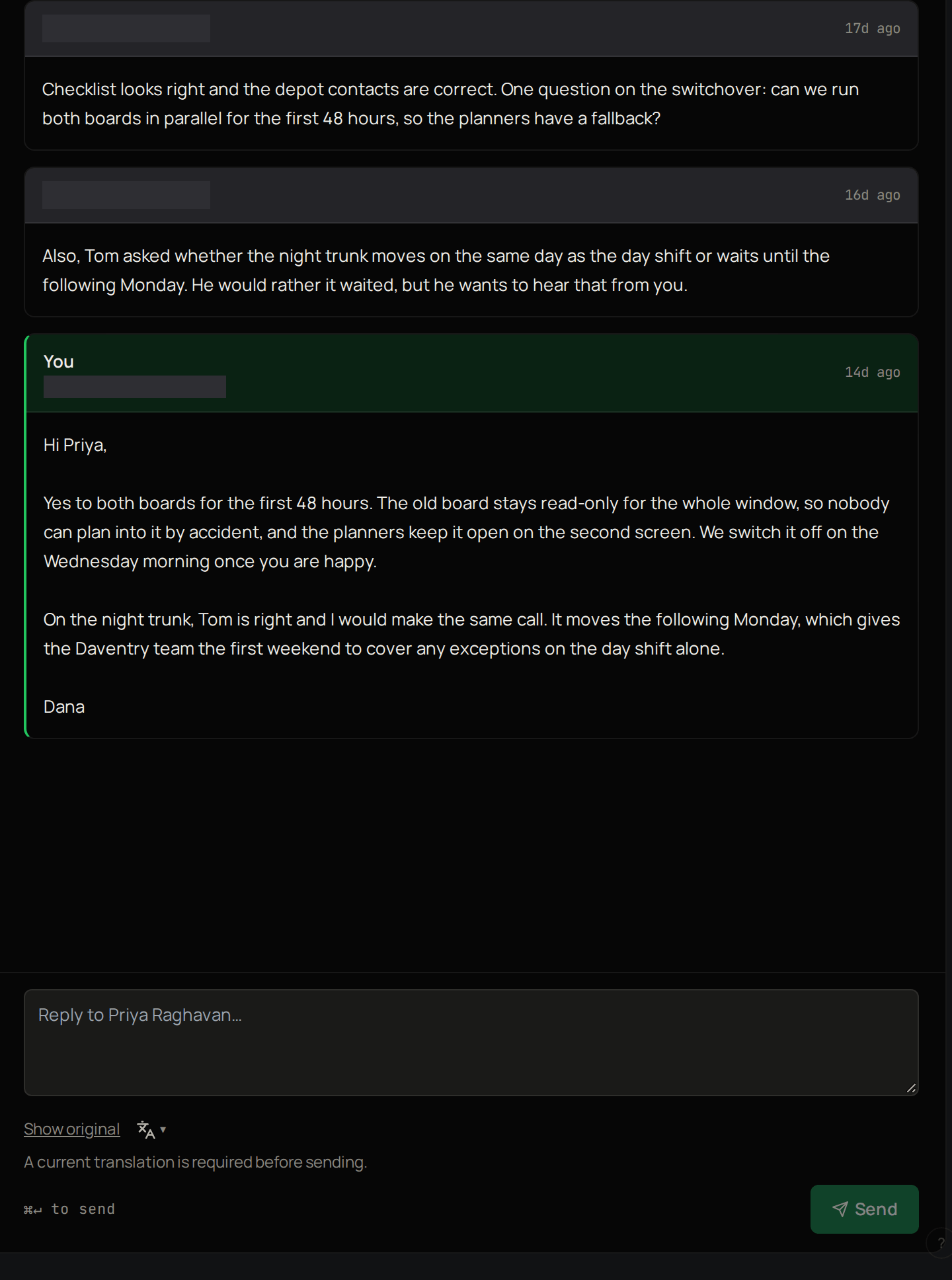 An open conversation, with the reply box and its translation controls below it.