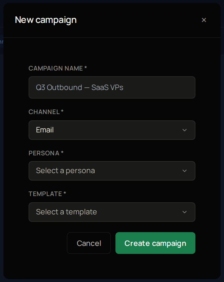 The New campaign window, with Campaign name, Channel set to Email, Persona, Template and Create campaign.