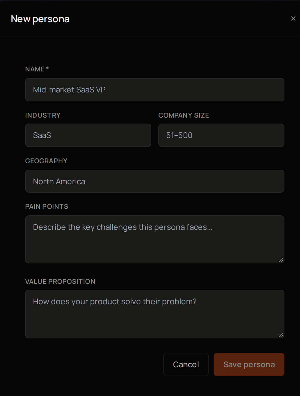 The New persona window, with Name, Industry, Company size, Geography, Pain points, Value proposition and Save persona.