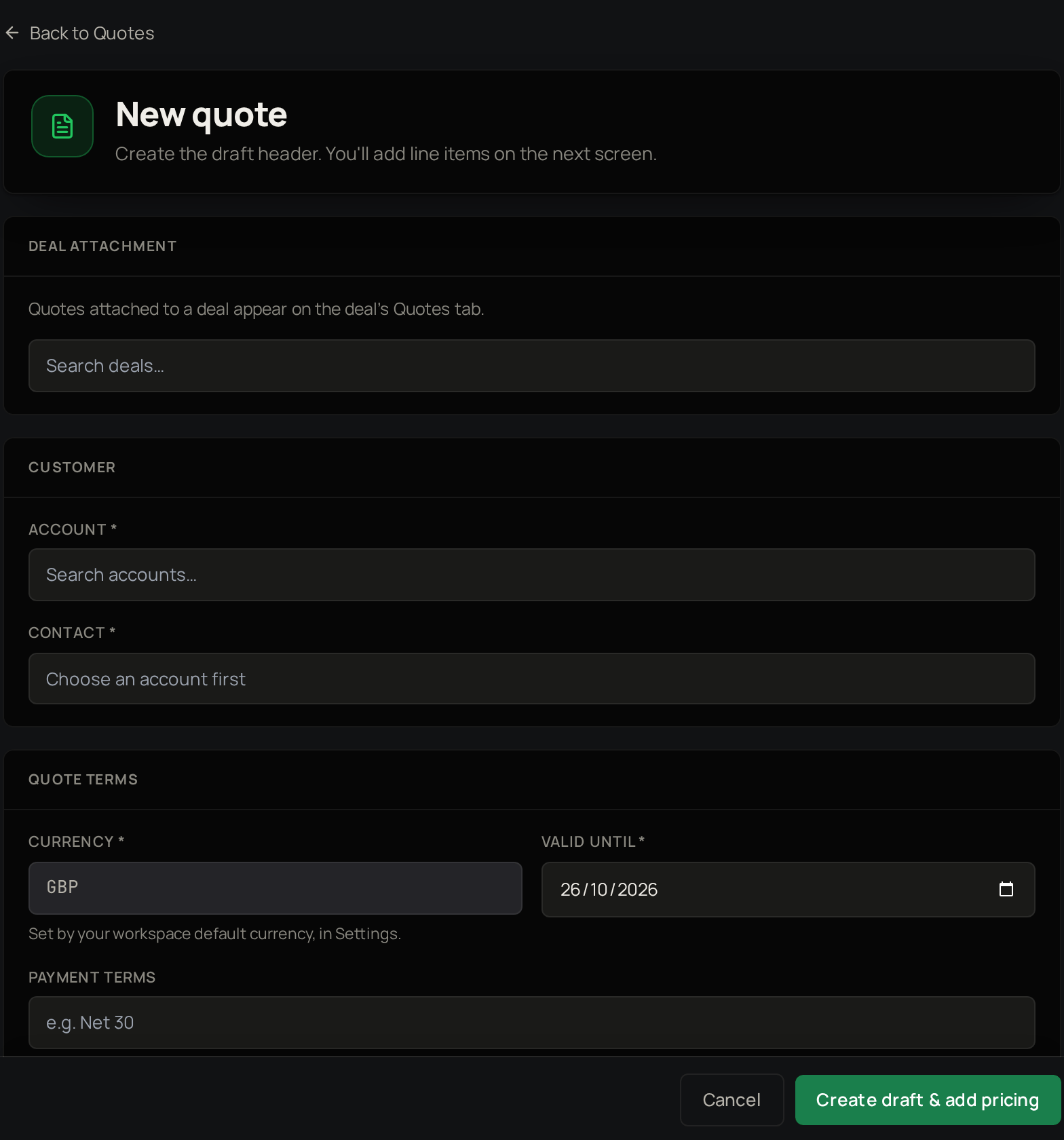 The New quote form, with the deal, customer and quote terms.