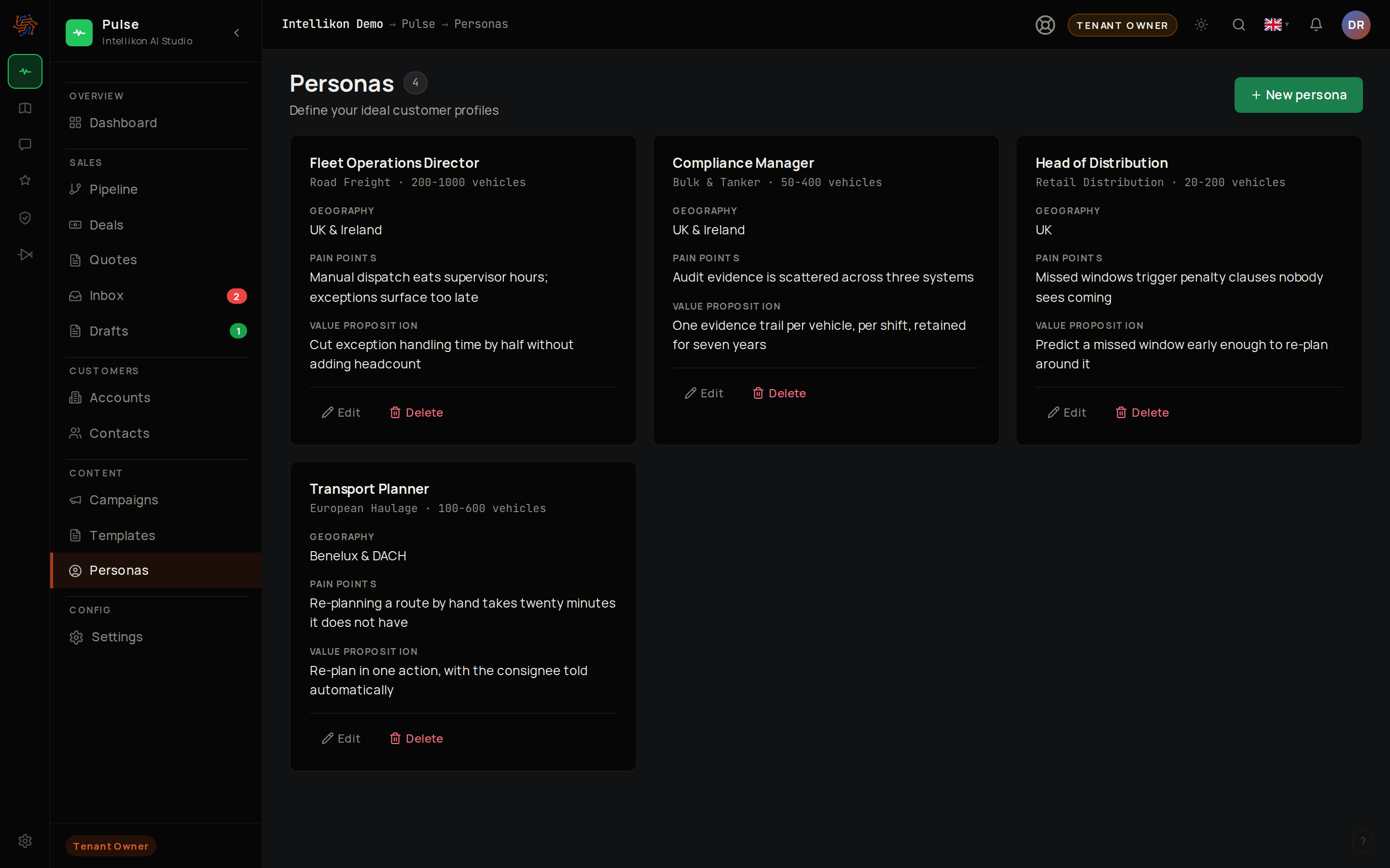 The Personas list, with each persona's market, pain points and value proposition.