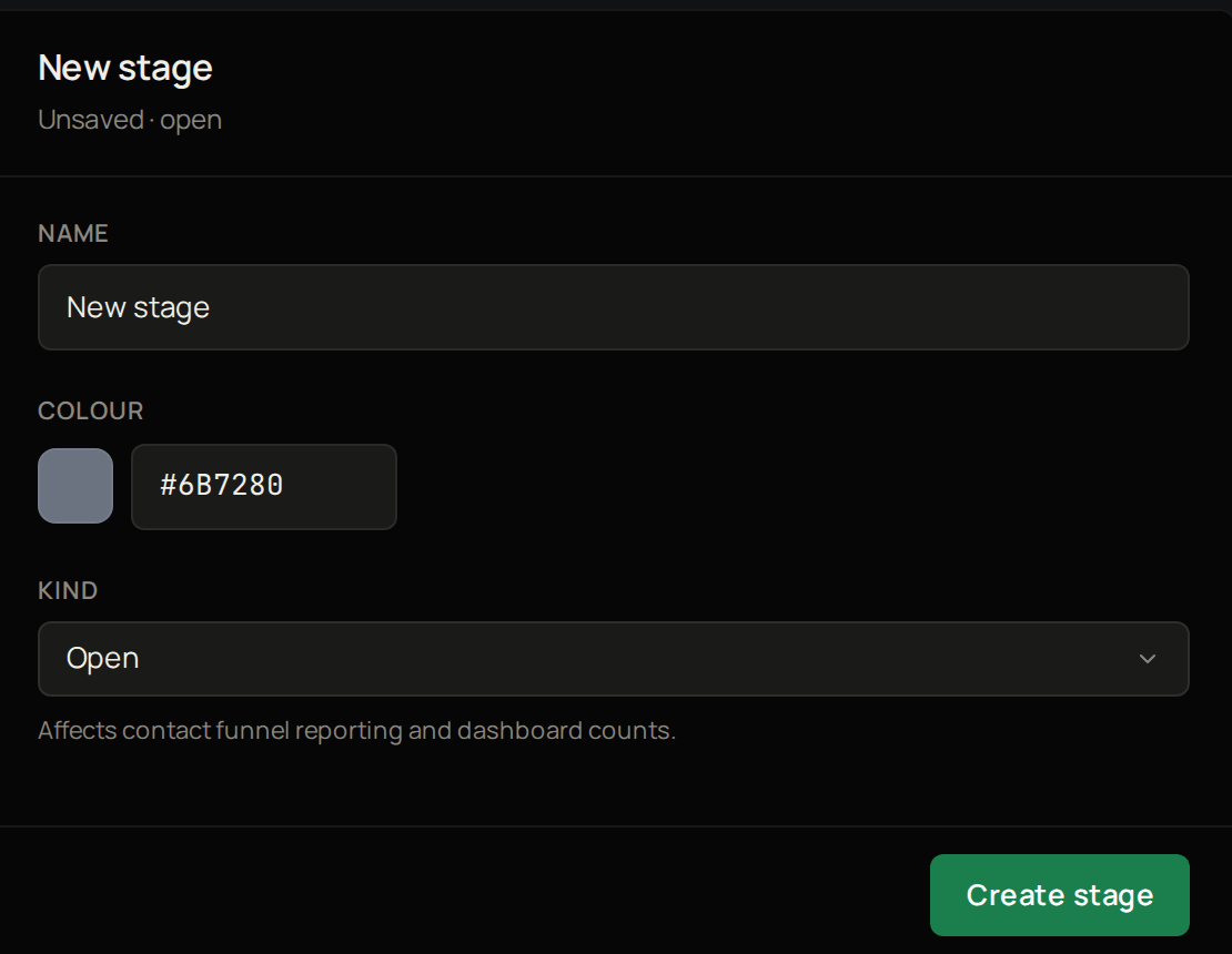 The new stage form in Pulse Settings, with Name, Colour, Kind and Create stage.