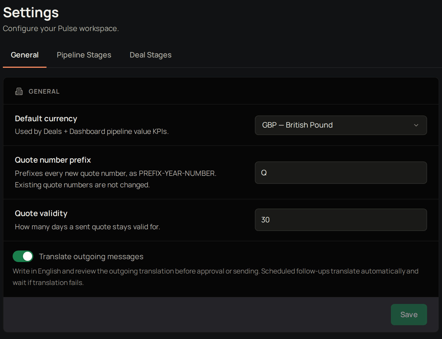 Pulse Settings on the General tab, with Translate outgoing messages turned on.