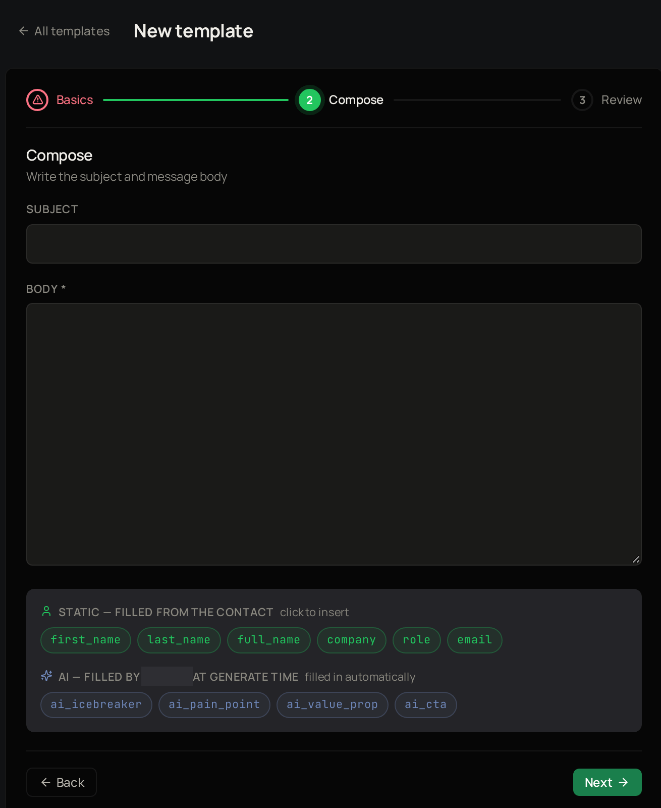 The Compose step of a new template, with the Subject and Body boxes, the variables to insert below them, and Back and Next.