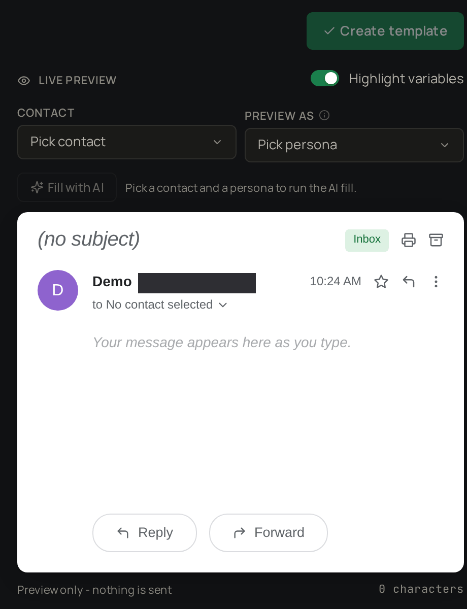The live preview of a new template, with Contact, Preview as, Fill with AI, the email preview and Create template.