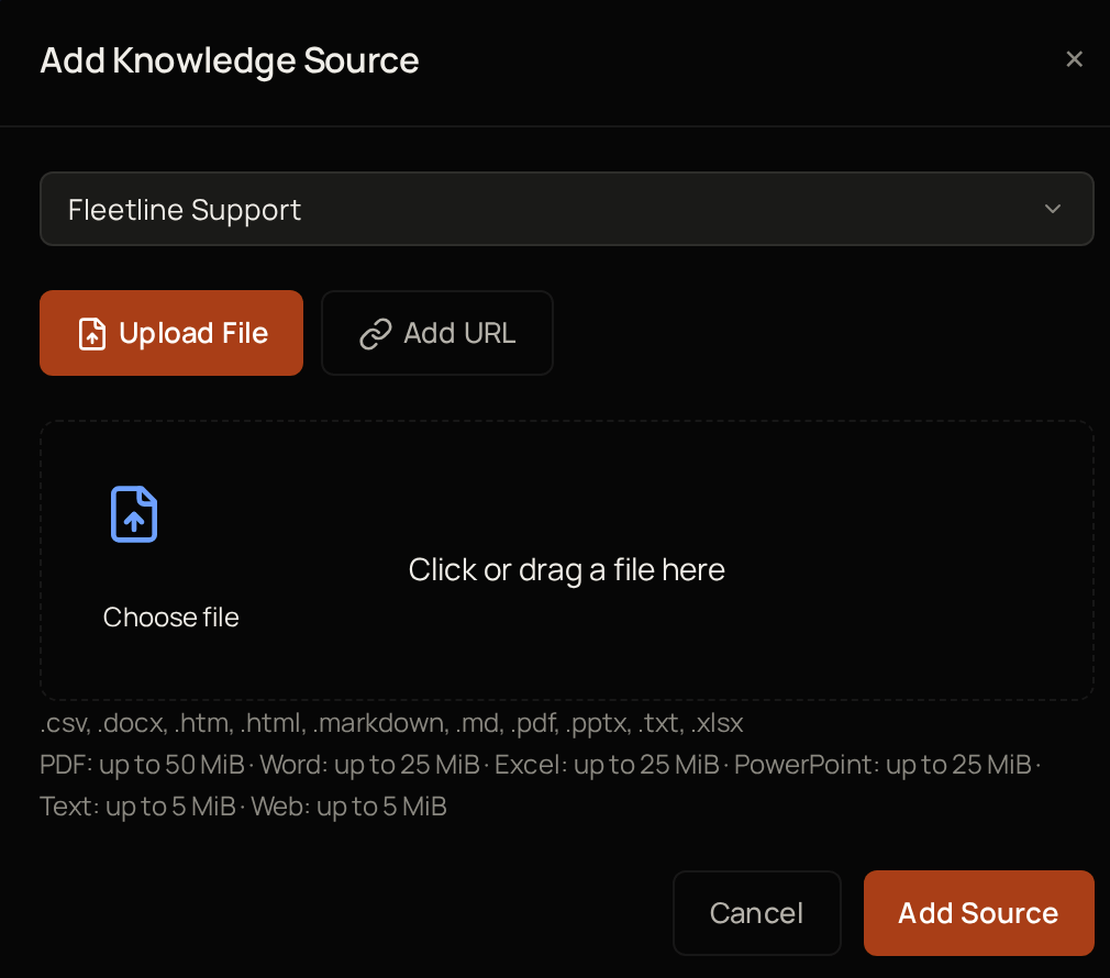 The Add Knowledge Source window, with a chatbot chosen and Upload File selected.