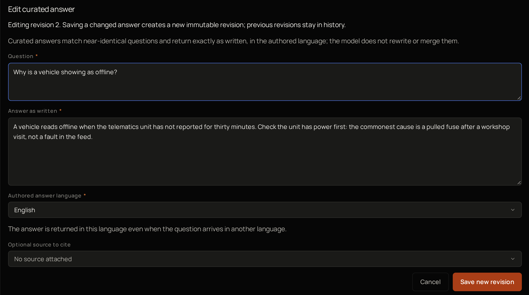 A curated answer open for editing, with its question, answer, language and optional source, and Cancel and Save new revision.