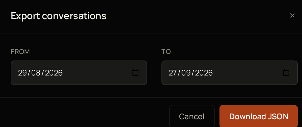 The Export conversations window, with From, To, Cancel and Download JSON.