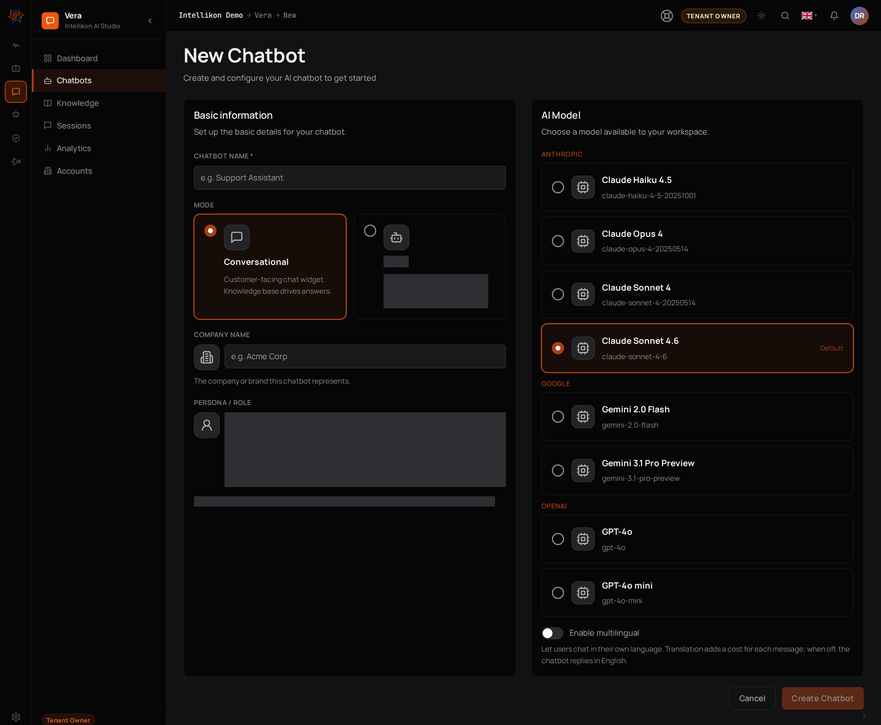 The New Chatbot form, with Basic information on the left, the AI Model choices grouped by provider with the default selected on the right, the Enable multilingual switch, and the Cancel and Create Chatbot buttons.