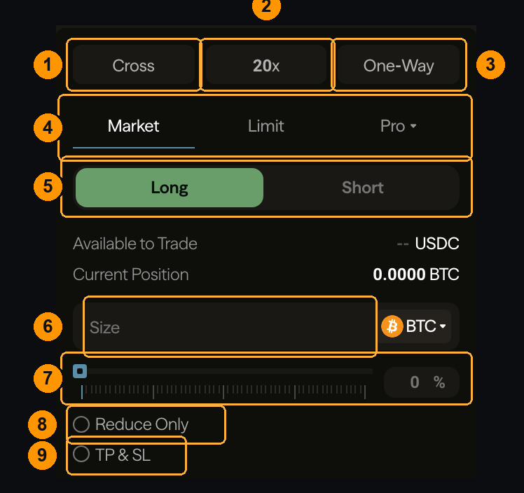 The market order ticket with nine controls numbered