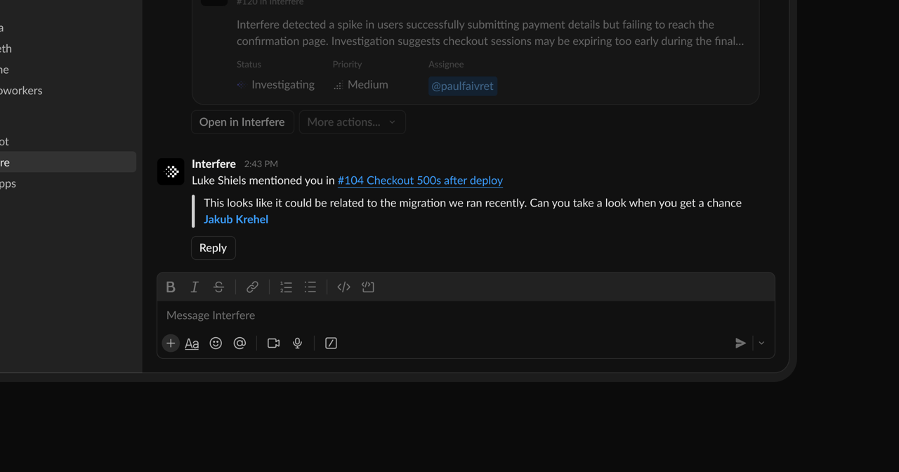 An Interfere mention notification in Slack with a link to the problem and a Reply button.