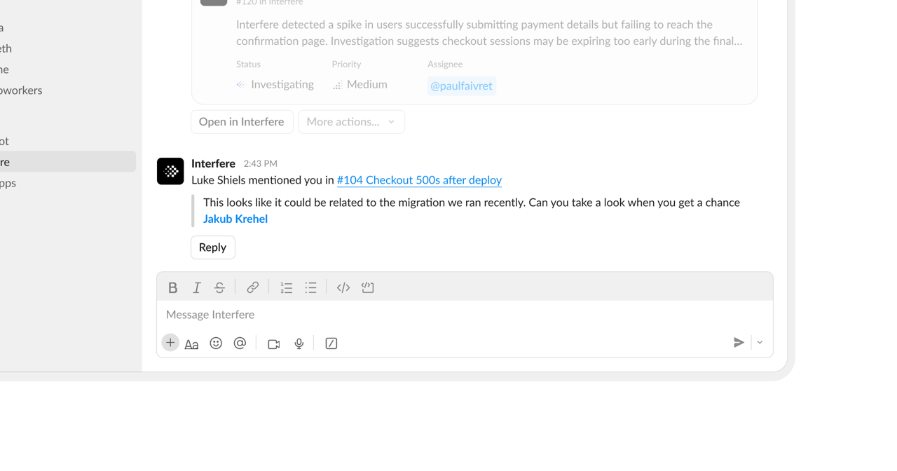 An Interfere mention notification in Slack with a link to the problem and a Reply button.