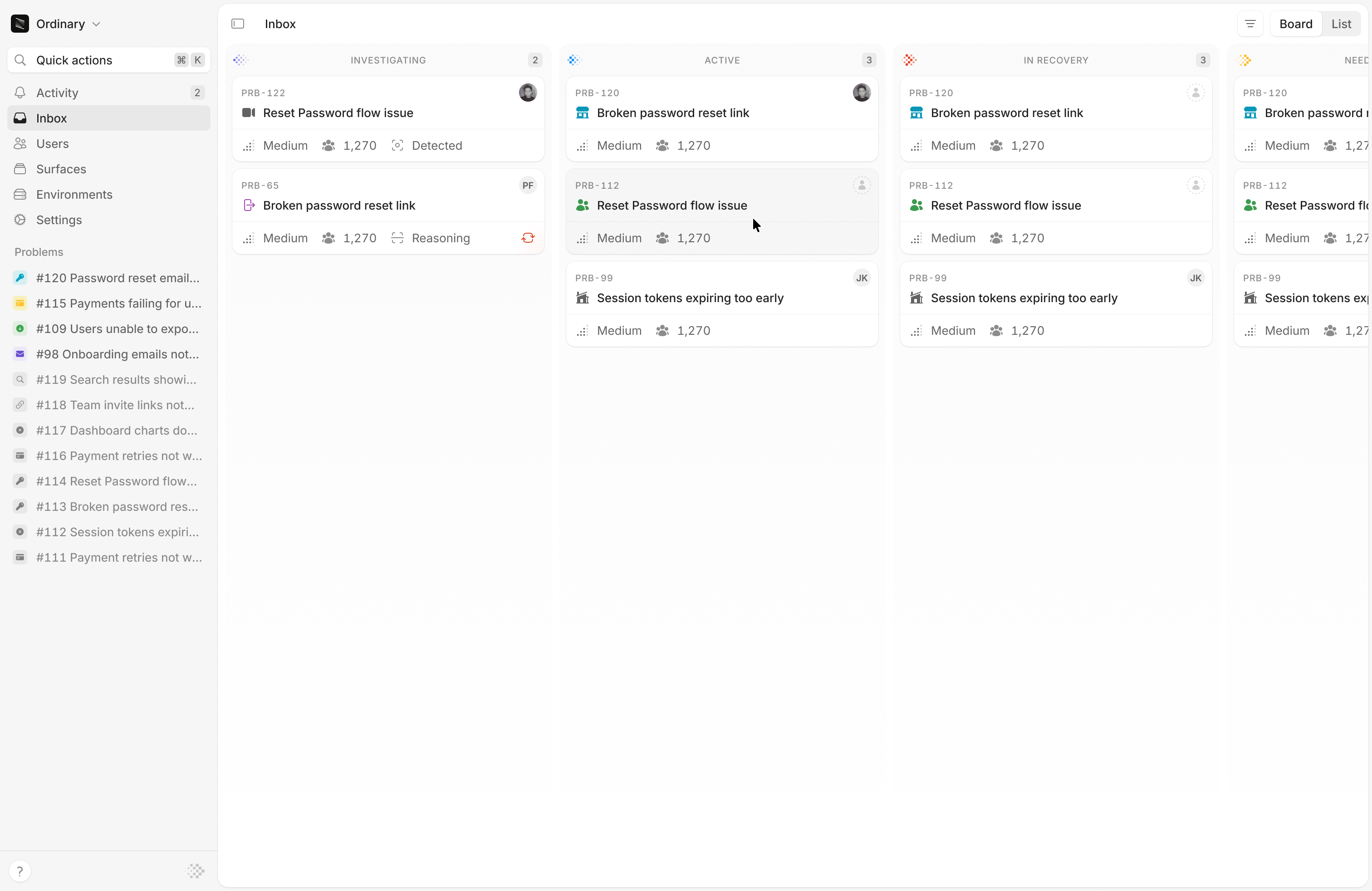 Inbox board showing problems grouped by status
