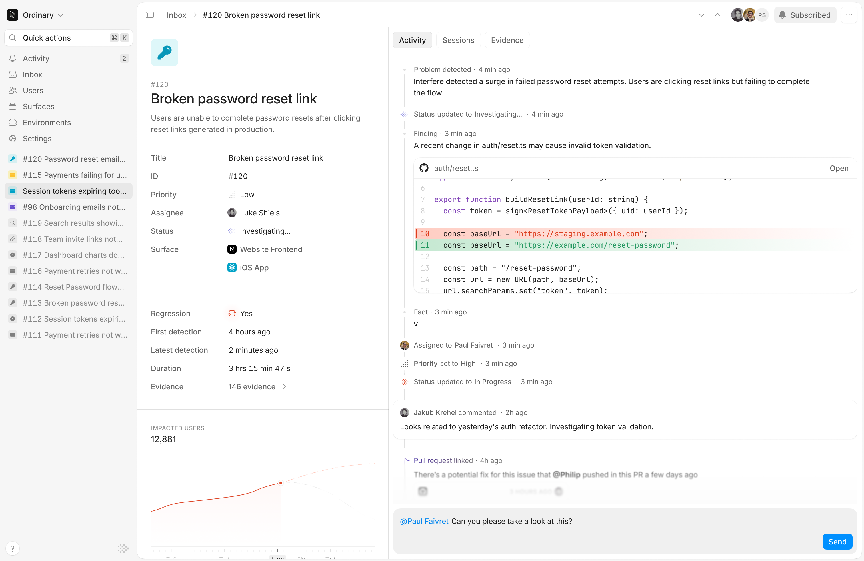Problem view showing details, timeline activity, evidence, and collaboration