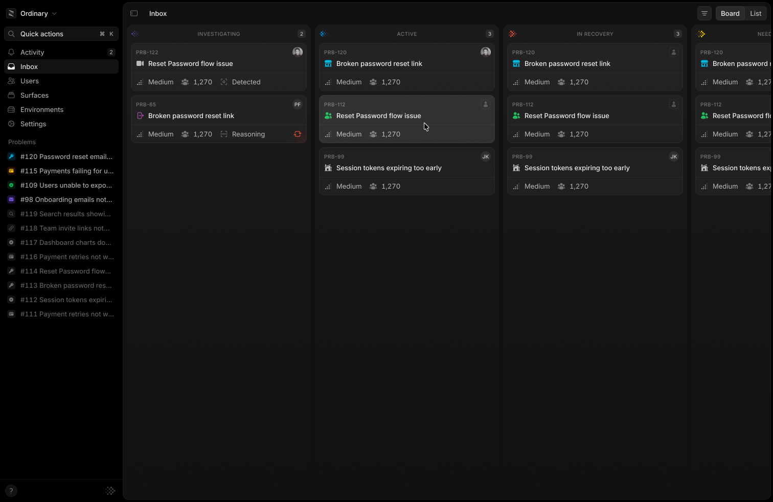 Inbox board showing problems grouped by status