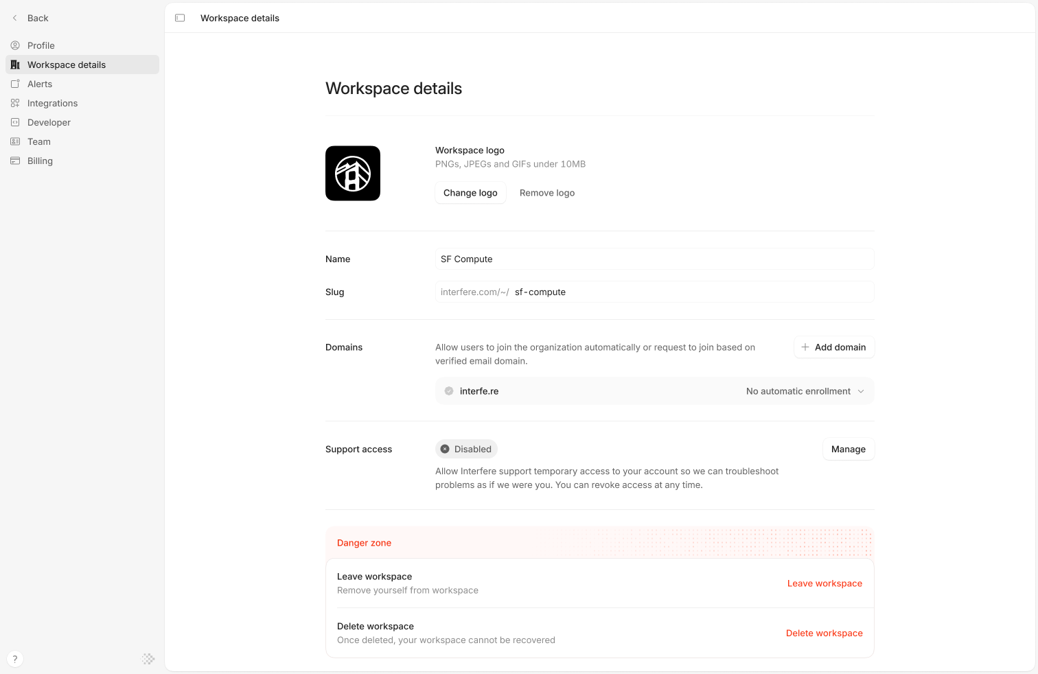Workspace settings with profile, alerts, integrations, team, and billing navigation