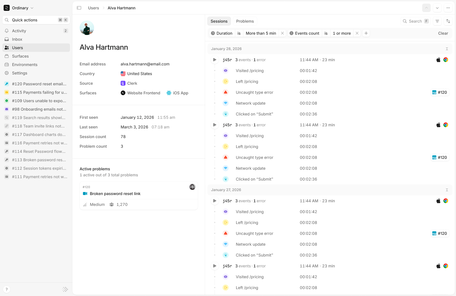 User profile showing traits, active problems, and session replay events