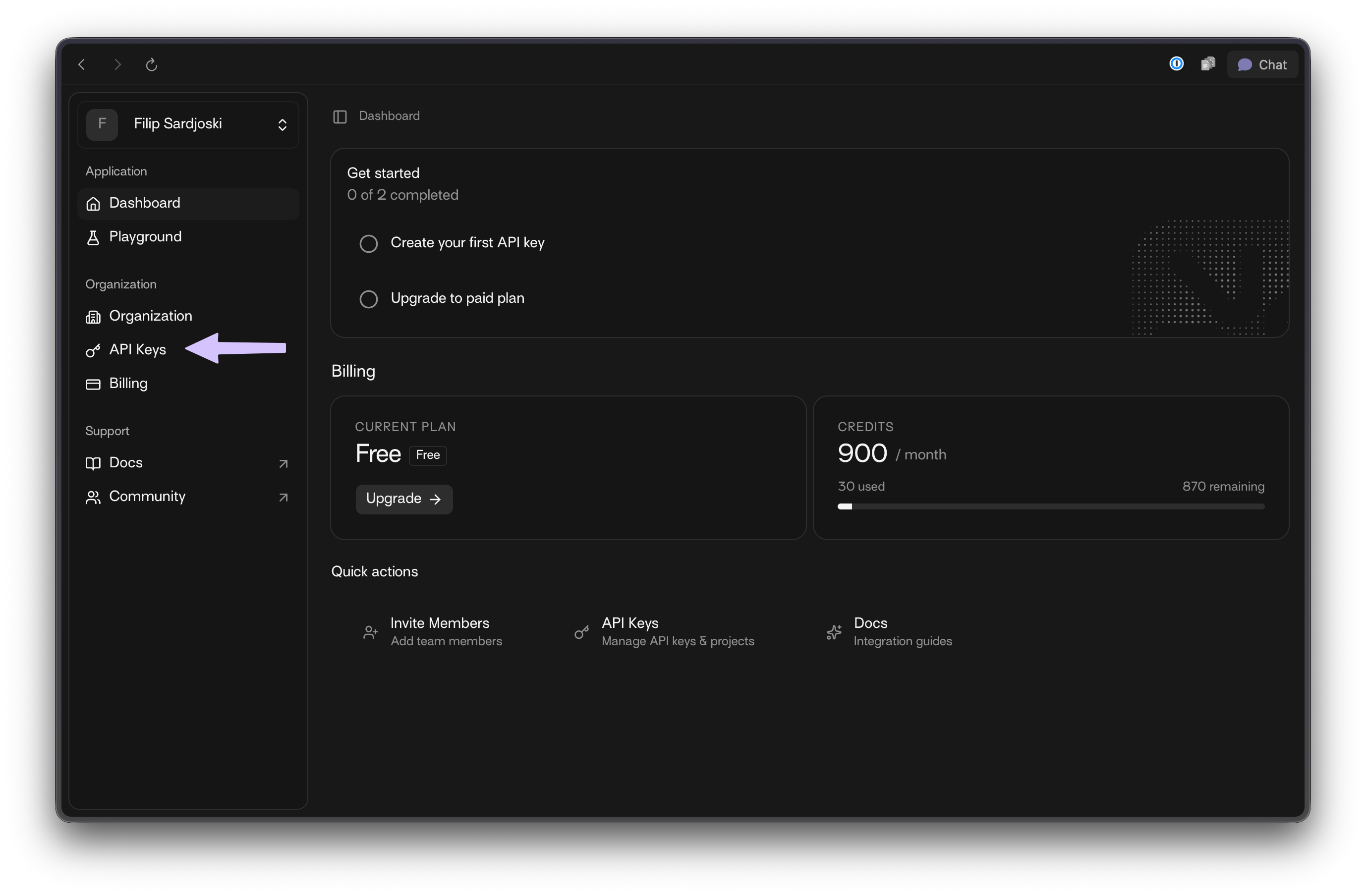 Dashboard with API Keys menu item highlighted