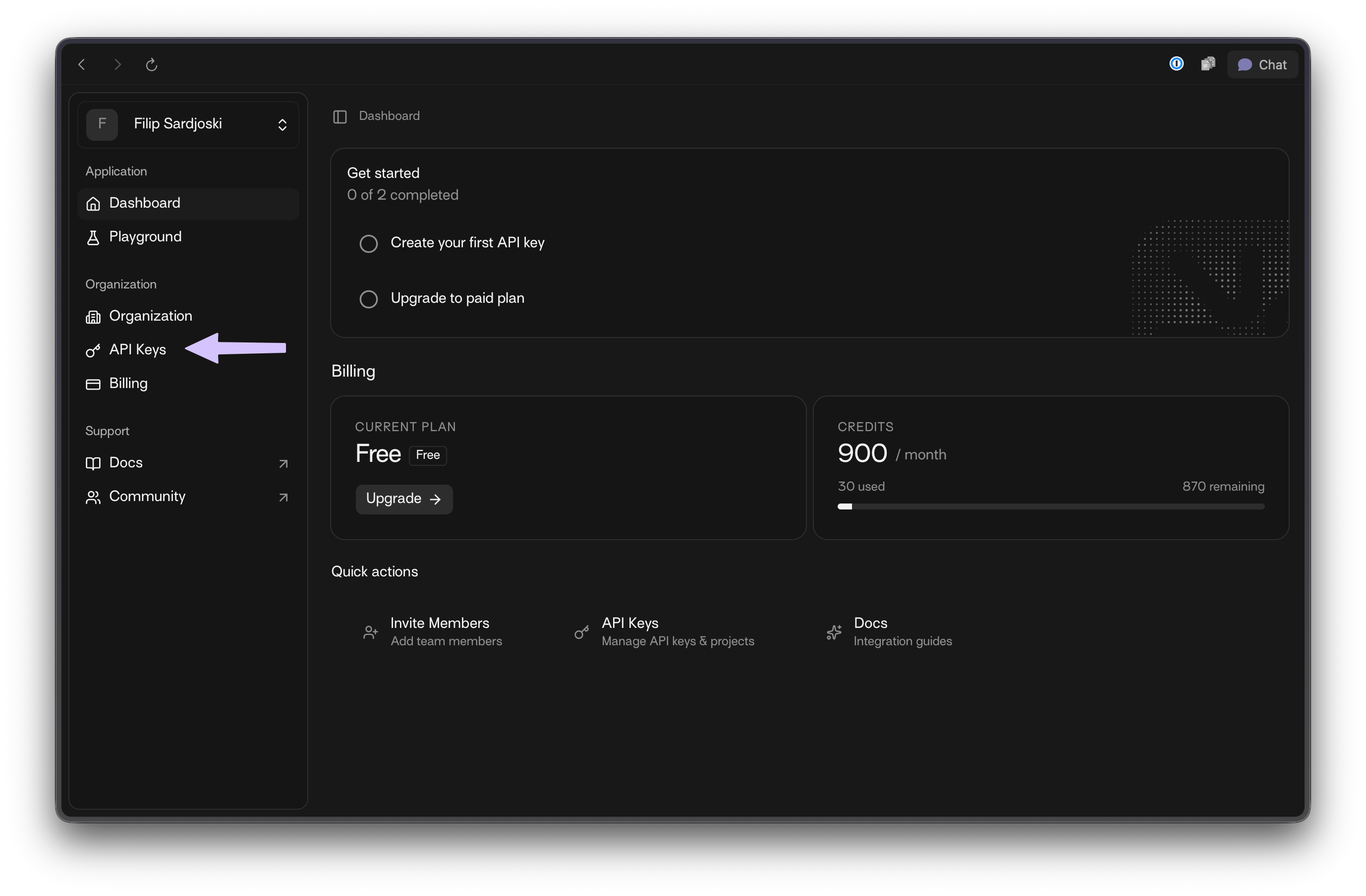 Dashboard with API Keys menu item highlighted