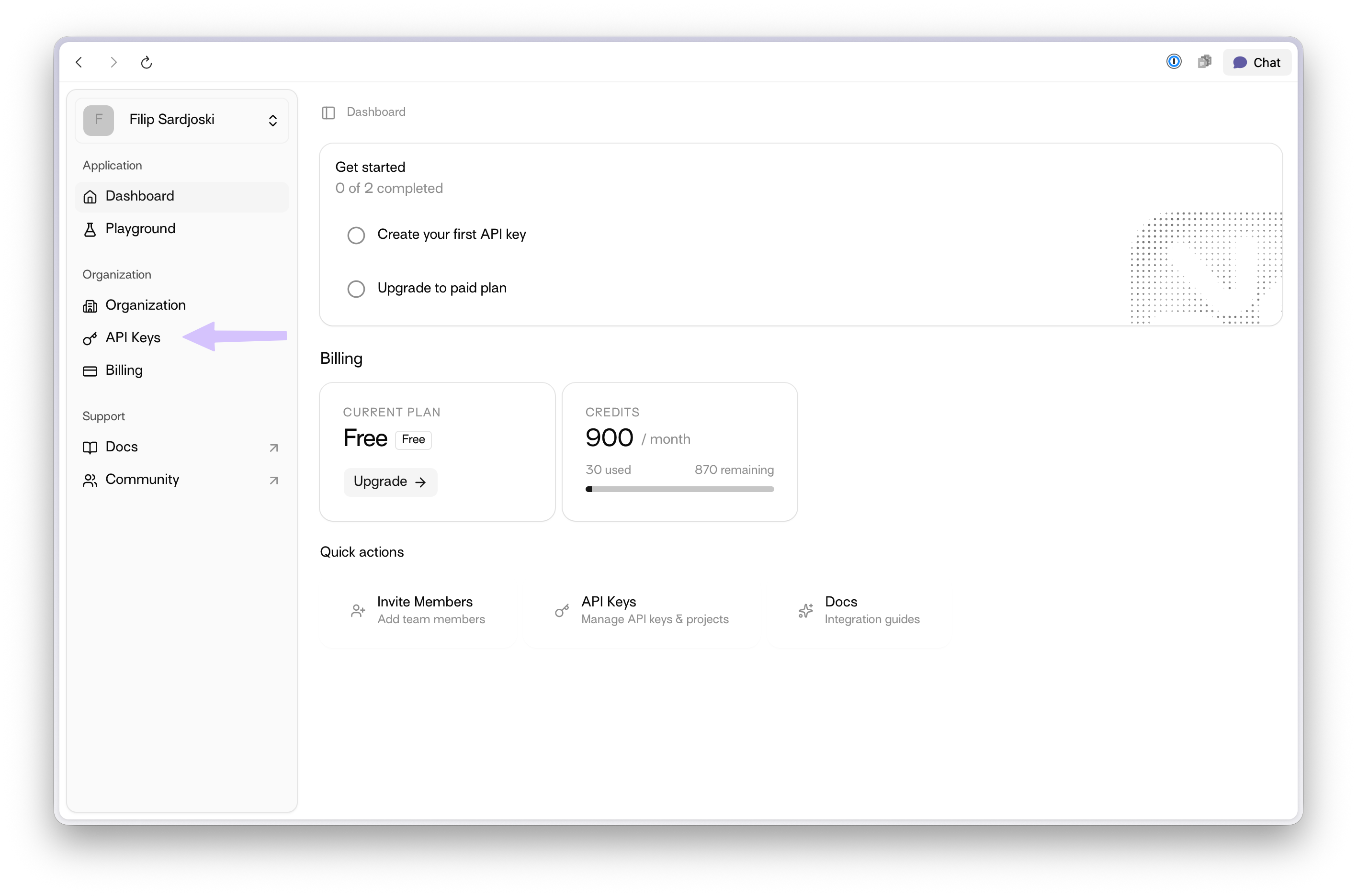 Dashboard with API Keys menu item highlighted